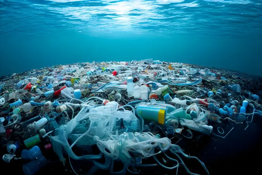 Diverser Plastikmüll am Grund des Meeres, von Flaschen bis zu Plastiksackerln