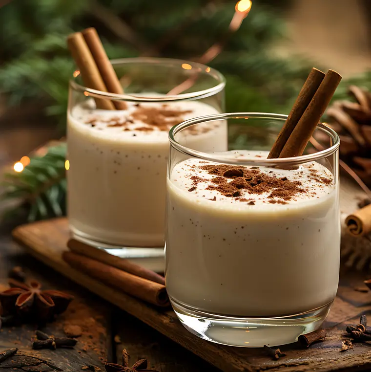 Zwei Gläser mit Eierlikör, Zimtstangen und Zimtpulver auf einem weihnachtlichen Holztisch mit Tannenzweigen