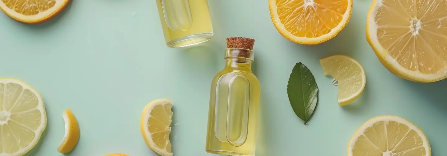 Zitronenaroma in Fläschchen umgeben von Zitronenschreiben auf hellblauem Untergrund.