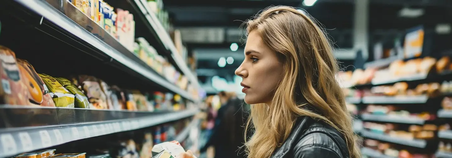 Eine Frau mit einem Lebensmittel in der Hand im Supermarkt.