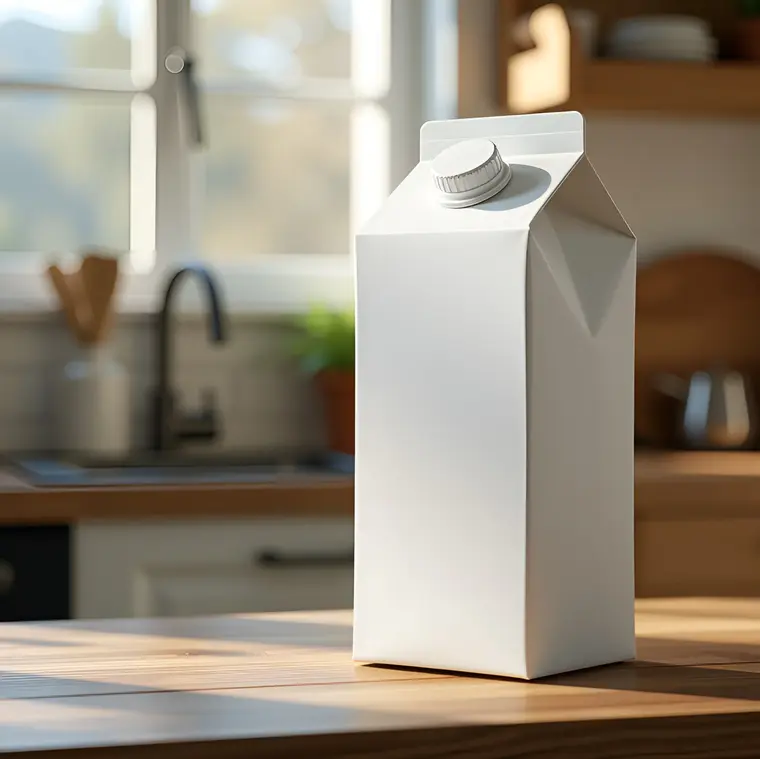 Eine Getränkekarton-Verpackung auf einer Küchentheke aus Holz