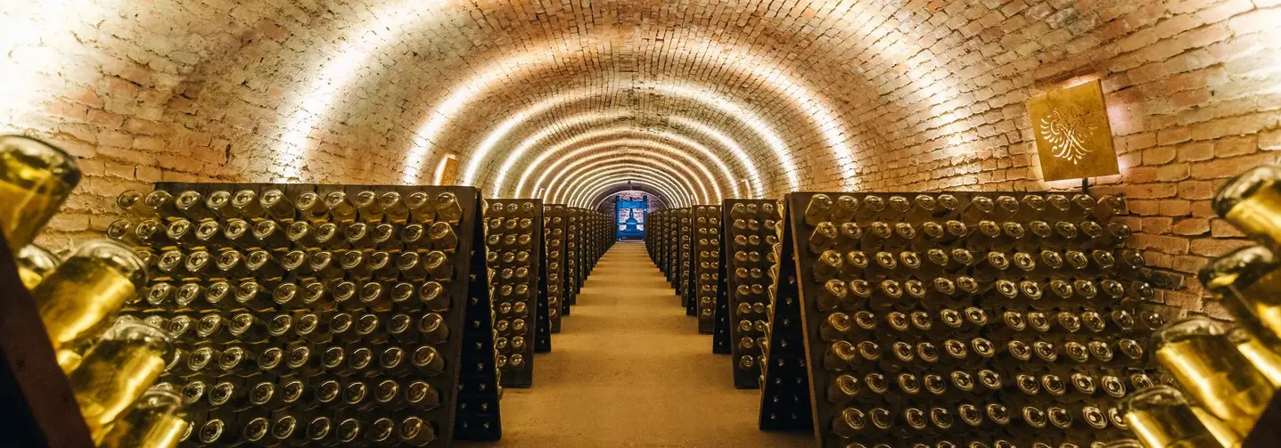 Ein Keller mit Sektflaschen auf Rüttelpulten: Bei der Herstellung von Schaumwein gibt es viele einzelne Schritte.