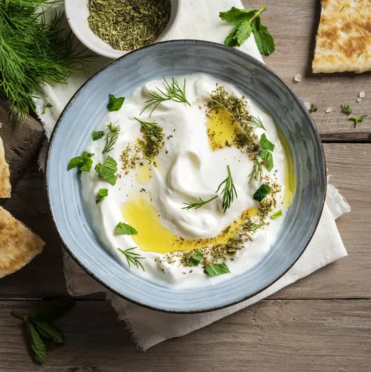 Joghurt-Dip mit Kräutern und Olivenöl auf Holzuntergrund. Daneben Fladenbrot und Kräuter.