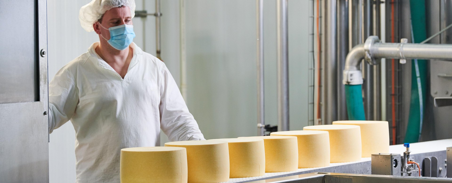 Ein Mitarbeiter eines Milchverarbeitungsbetriebes kontrolliert fertigen Käse auf einem Förderband.