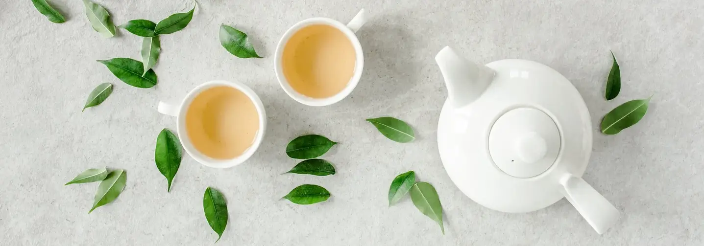 Ob Schwarztee oder Grüntee, wie hier in einer Kanne und zwei Tassen, die von frischen Teeblättern umgeben sind, mit Kräutern oder Früchten: Tee gibt es in den verschiedensten Sorten und Variationen.