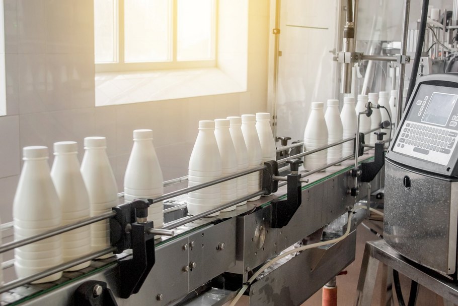 Milch und Milchprodukte - hier Milchflaschen auf einem Förderband - werden mit Wärmebehandlungen genießbar und länger haltbar gemacht.