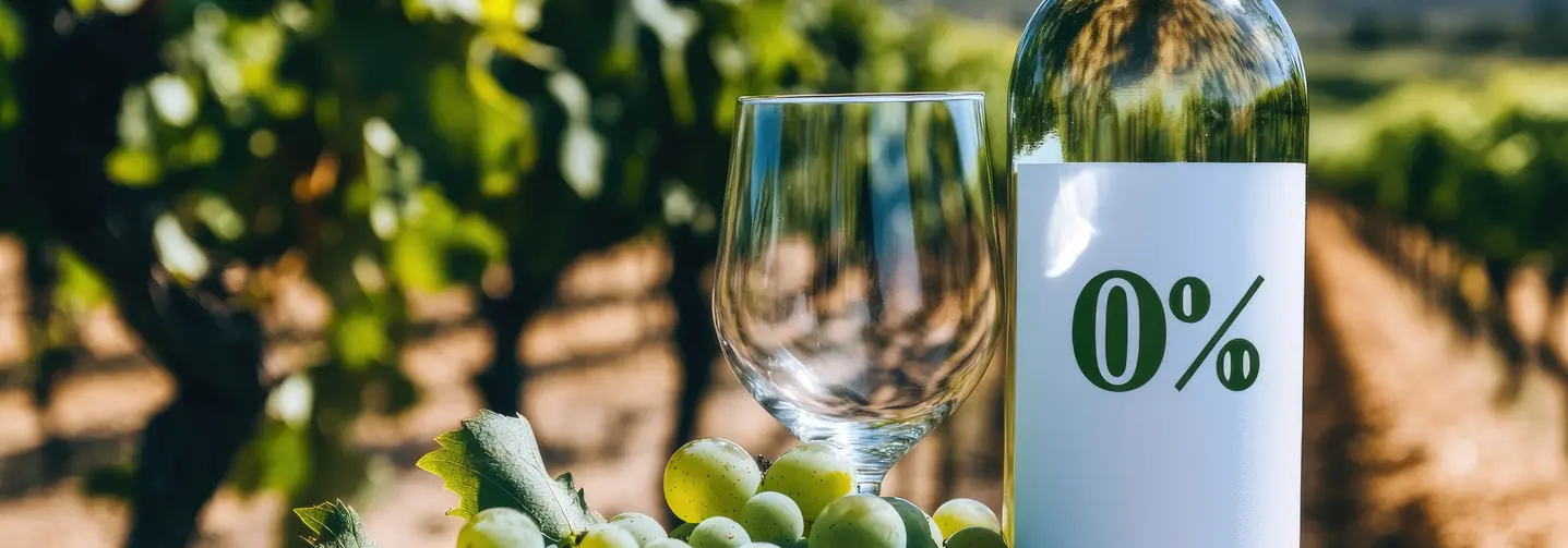 Eine Flasche alkoholfreier Weißwein neben einem Weinglas und grünen Weintrauben, Weinreben im Hintergrund.