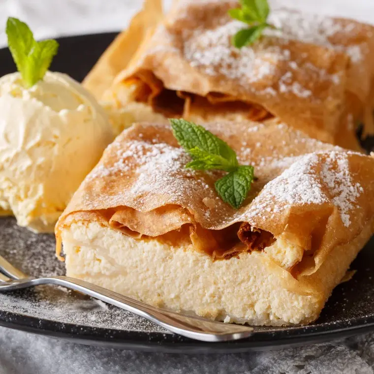 Topfenstrudel mit Vanilleeis: Nahaufnahme auf einem dunklen Teller, links liegt eine Gabel darauf, der Strudel und das Eis sind mit Minzblättern dekoriert.