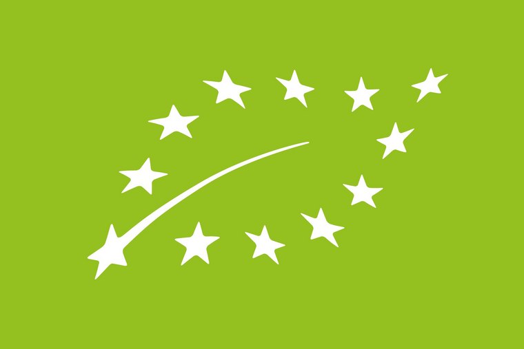 Geschütztes EU-Bio-Logo: Ein grünes Rechteck mit einem Blatt aus zwölf weißen Sternen.