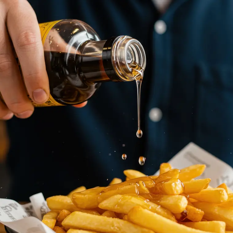 Eine männliche Hand hält eine Flasche Malzessig und schüttet eine kleine Menge davon über einen Teller Pommes.  