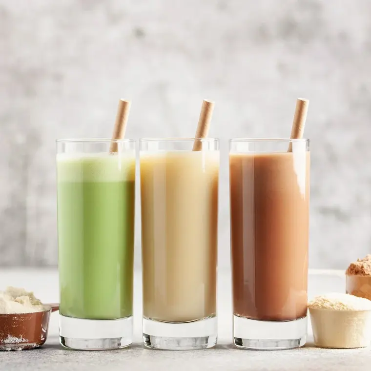 Drei Protein-Shakes mit Trinkröhrchen in Gläsern, daneben drei Gefäße mit Proteinpulver.
