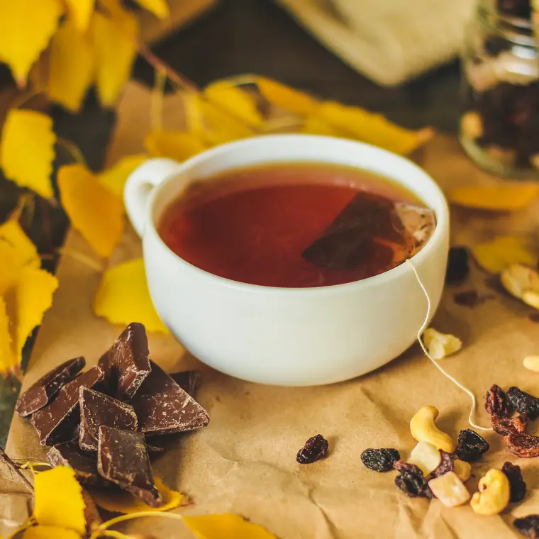 Eine weiße Porzellantasse mit Teebeutel und Früchtetee, umgeben von gelbbraunem Herbstlaub, Schokoladestücken und Nüssen. 