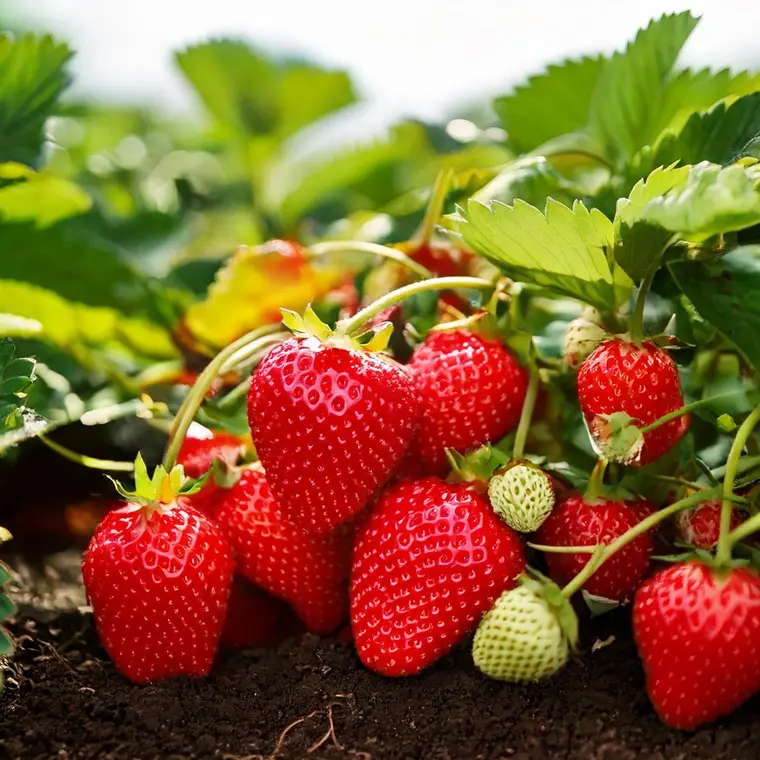 Frische Erdbeeren, am Strauch hängend, mit grünen Blättern auf einem Acker