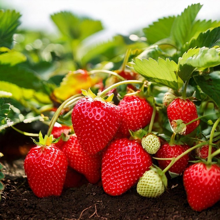 Frische Erdbeeren, am Strauch hängend, mit grünen Blättern auf einem Acker