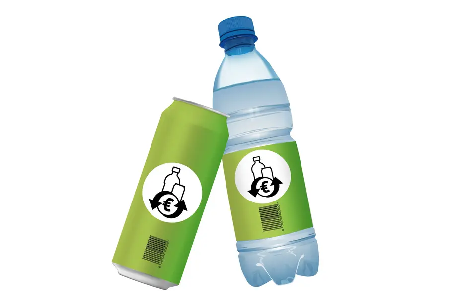 Metalldose und PET-Flasche mit dem Logo für Einwegpfand-Getränkeverpackungen in Österreich