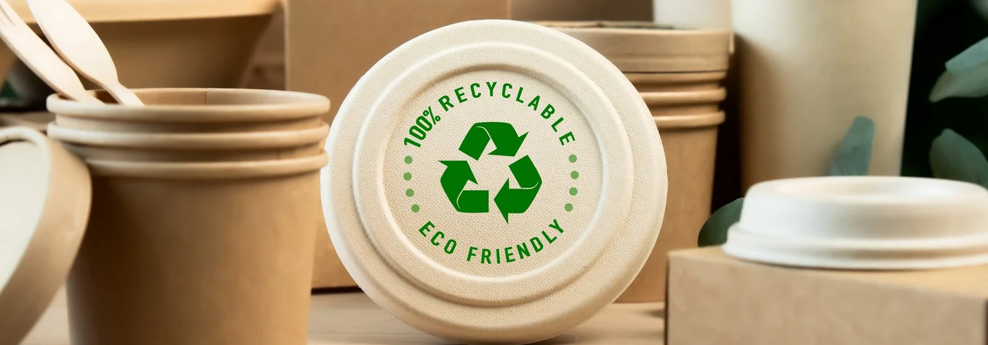 Einwegbecher aus Karton und Deckel für Kaffeebecher mit der Aufschrift „Recyclable“ und „Eco Friendly“. Daneben Einwegbesteck.