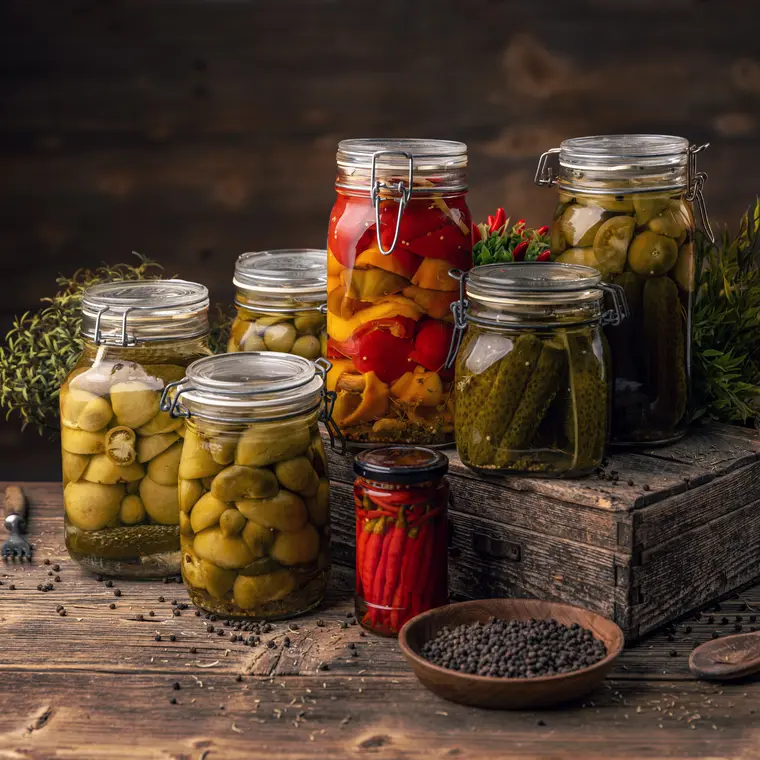 Mehrere Einmachgläser auf Holzuntergrund, gefüllt mit eingelegtem Gemüse wie Essiggurken, Paprika, Chili.