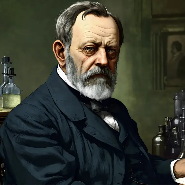 Darstellung des Forschers Louis Pasteur im Labor vor dunklem Hintergrund.