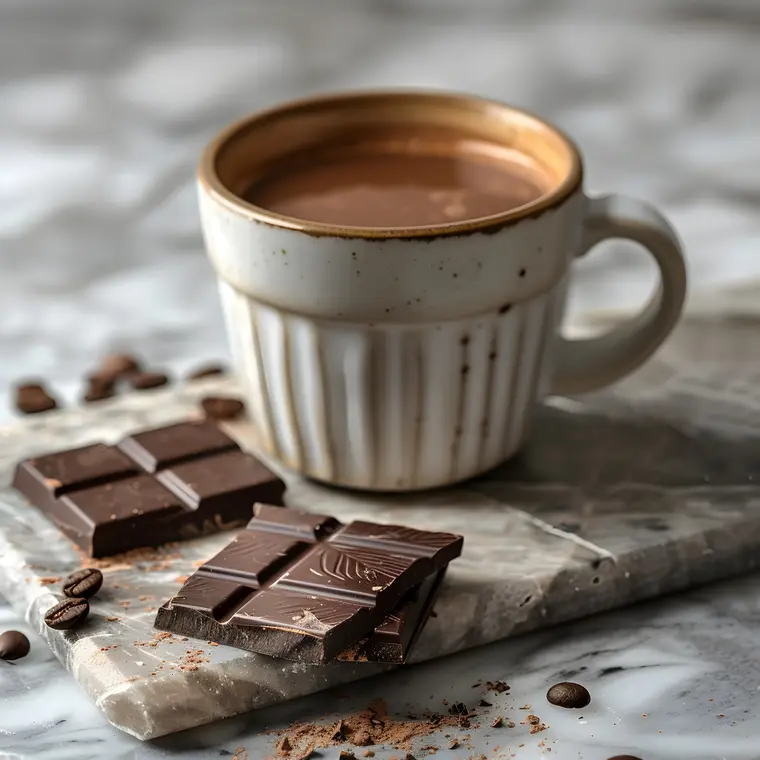 Eine gefüllte Kaffeetasse auf einem Marmortablett, daneben angebrochene Schokoladestücke.