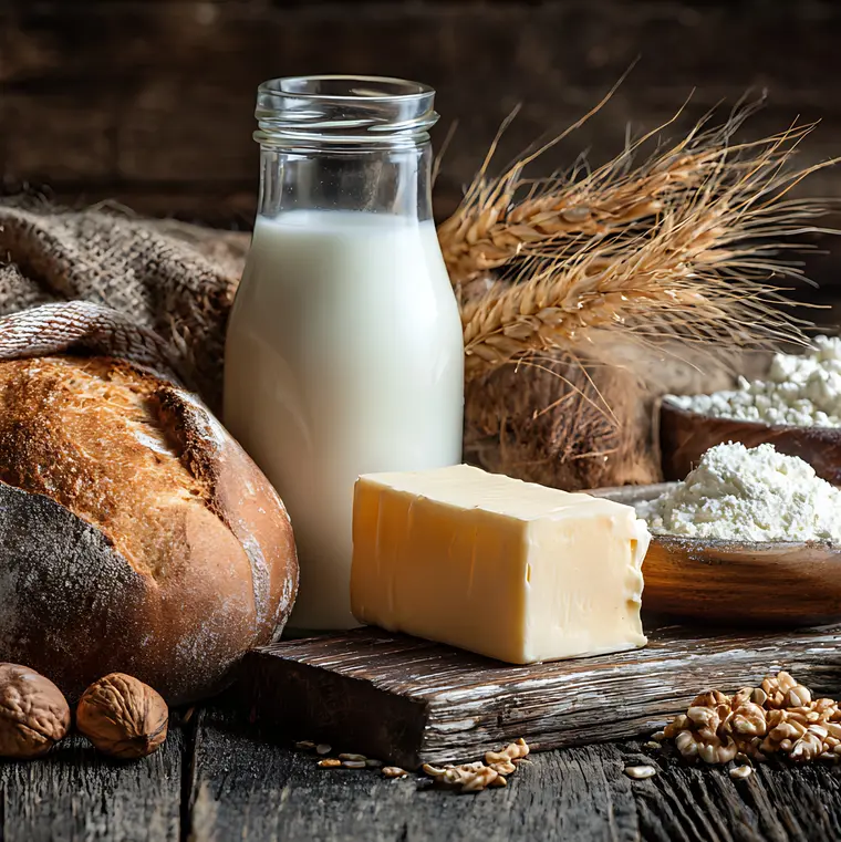 Grundnahrungsmittel wie Brot, Mehl, Milch und Butter auf einem Holztisch.