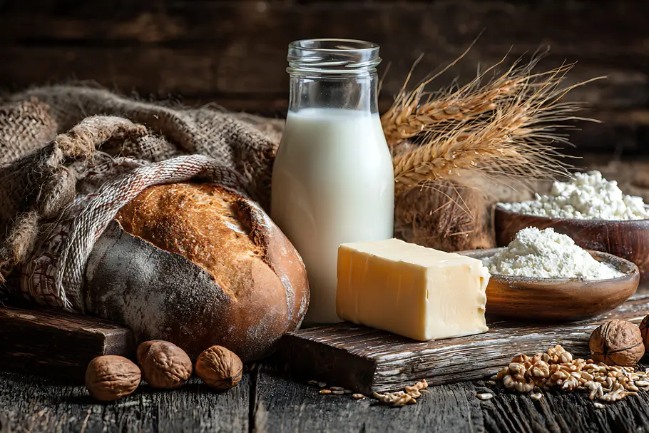 Grundnahrungsmittel wie Brot, Mehl, Milch und Butter auf einem Holztisch.