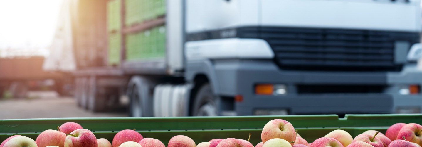 Vom Hof auf den Tisch: Behälter mit heimischen Äpfeln vor einem LKW zum Weitertransport.