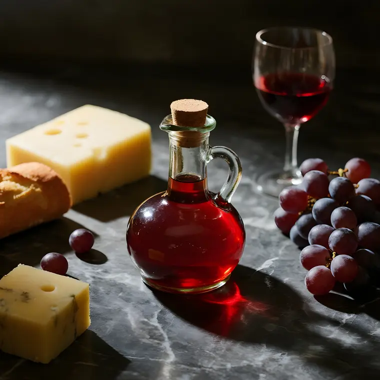 Eine Glaskaraffe gefüllt mit Rotweinessig auf Steinuntergrund. Daneben befinden sich rote Trauben, ein Glas, Käsestücke und Baguette.