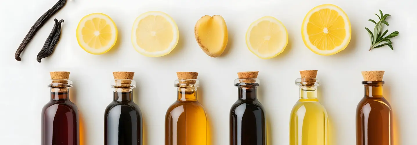 Sechs Glasfläschchen befüllt mit verschiedenen Aromen auf weißem Untergrund, darüber liegend die Ausgangsstoffe, wie Vanilleschoten, Zitronenscheiben oder Rosmarin.
