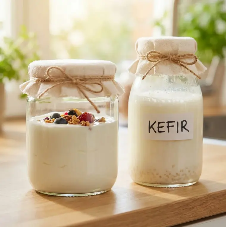 Zwei Gefäße mit Joghurt und Kefir auf einem Holztisch.