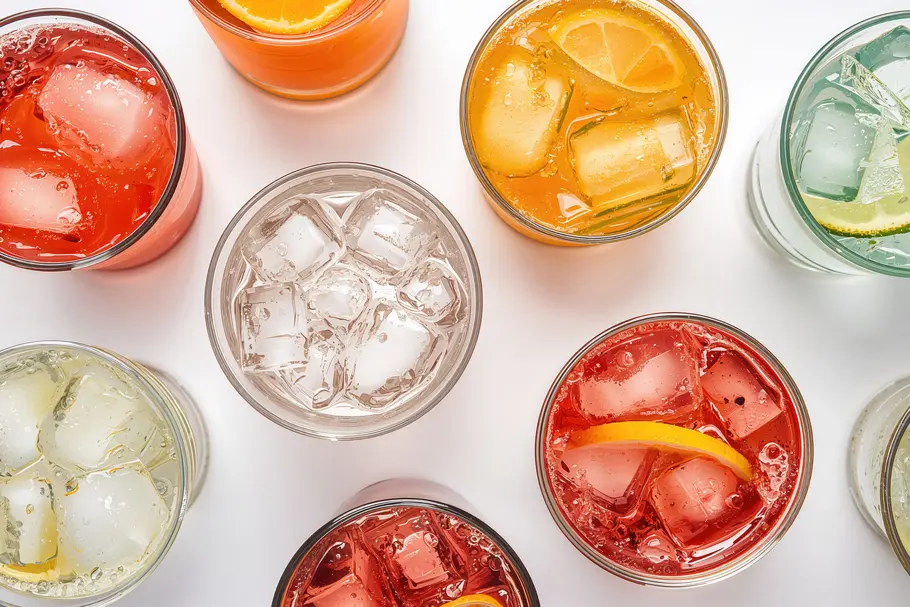 Gläser mit verschiedenen Softdrinks und Wasser sowie Eiswürfeln und Früchten auf einem Tisch in Draufsicht